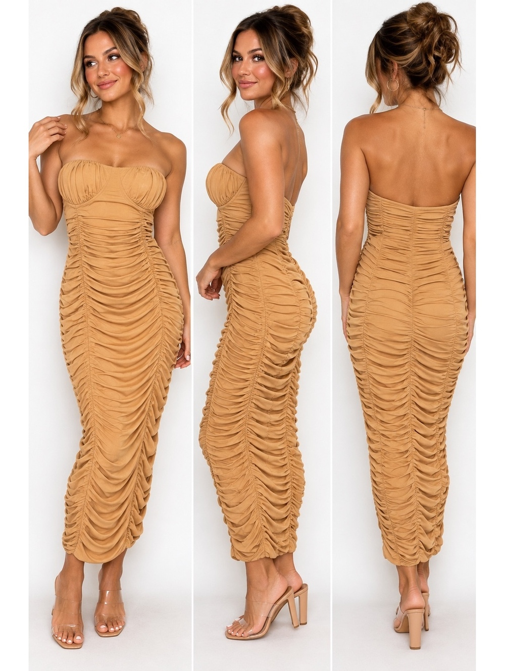 Express NWT Camel Ruched Strapless Bodycon Maxi Dress Size L